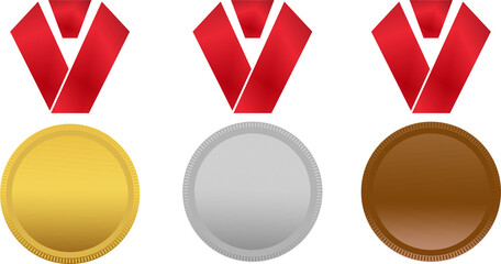 Gold, Silver, and Bronze Medals with Red Ribbons