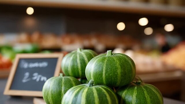 Green striped pumpkin and fresh vegetable stacked on wooden counter in grocery market, organic healthy food with natural pattern, vibrant autumn harvest atmosphere, inviting indoor produce display