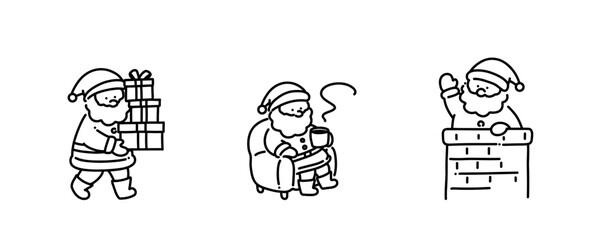 シンプル線画　クリスマスのサンタクロースたち