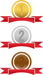 Gold Silver Bronze Medals with Red Ribbons for Ranking