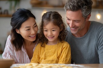 Homemade Goodness, Happy Mixed-Race Family Collaborating on Dough Preparation