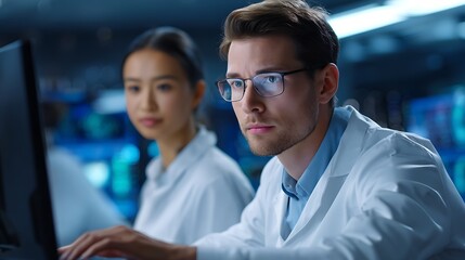 Professional male and female researchers collaborating on a scientific experiment, utilizing advanced computer technology for data analysis and innovation in a lab setting