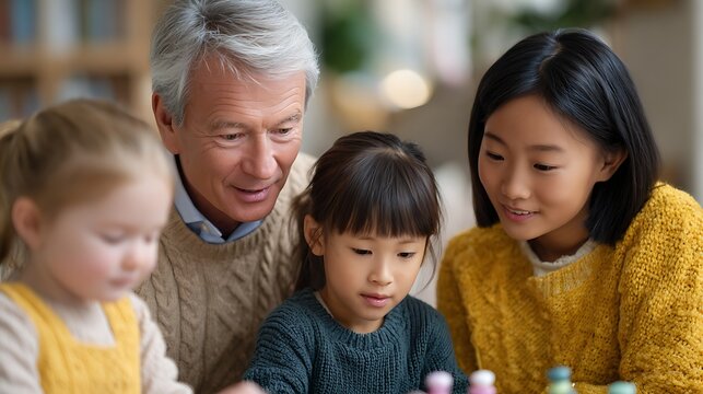 Asian grandparents lovingly teaching their curious mixed-heritage grandchild about traditional culture, language, and family history in a warm, intergenerational setting