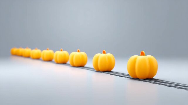 Pumpkin orange small row minimal autumn decoration isolated festive smooth creative pumpkins lined up metallic conveyor belt and rail, minimalistic background, soft lighting, modern playful whimsical