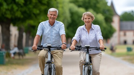 Healthy Aging, Elderly Couple Enjoying a Bicycle Ride Together in Park