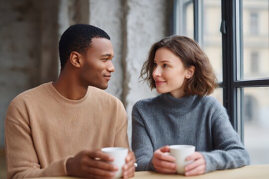 Happy Couple with Cups of Coffee, Enjoying a Cozy Morning Together