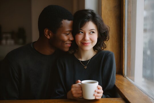 Happy Couple with Cups of Coffee, Enjoying a Cozy Morning Together