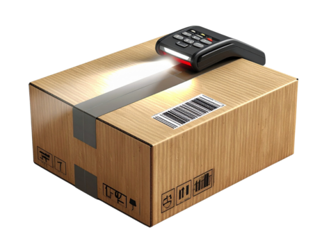3D close-up of a cardboard box with a barcode being scanned by a handheld device, rea