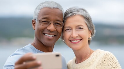 Joyful Elderly Couple, Smiling as They Take a Selfie, Celebrating Their Love