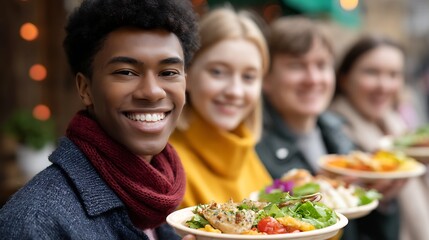 Casual Get-Together, Group of Friends Eating and Laughing Outside