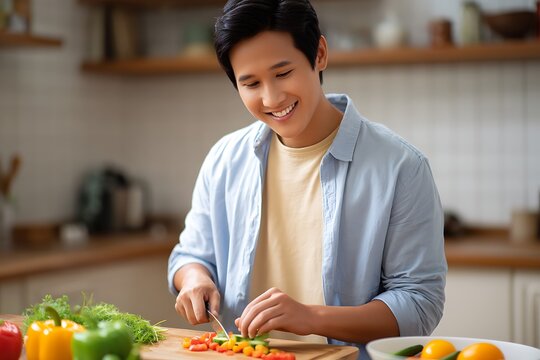 Asian Man Preparing a Vibrant Vegan Salad, Focused on Healthy Eating - Powered by Adobe