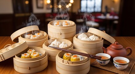 Delicious assortment of steamed dim sum dumplings served in bamboo baskets with tea