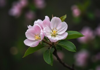 Obraz premium Soft focus view of blossoming springtime flowers with pastel petals and green leaves, representing renewal and seasonal warmth ,macro ,delicate ,bloom