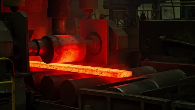 Hot metal bar being processed in a factory.