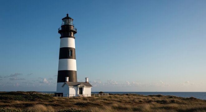 Tall historic coastal lighthouse featuring prominent black and white bands, providing navigational assistance for ships near the Atlantic shoreline ,coast ,shoreline ,sky