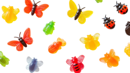 Assorted colorful gummy candy insects and butterflies isolated on transparent background