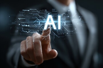 Harnessing Artificial Intelligence Future Technologies Circuitry Driven Business Innovations Digital Transformation Man Points to AI Interface Advanced Tech Solutions Global Connectivity