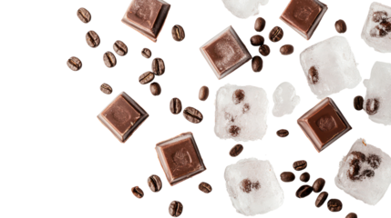 Chocolate squares and sugar cubes falling with coffee beans isolated on transparent background