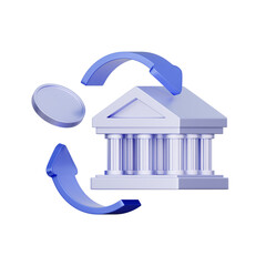 3D icon of a bank building with rotating arrows and a coin For bank transfers, money exchange services, fund transfers, and financial transactions.