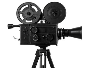 Minimalist black silhouette of a classic vintage movie camera with reels and tripod