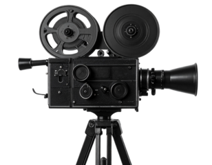Minimalist black silhouette of a classic vintage movie camera with reels and tripod