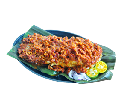 stingray fish sambal with lemon pieces and onion