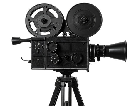Minimalist black silhouette of a classic vintage movie camera with reels and tripod