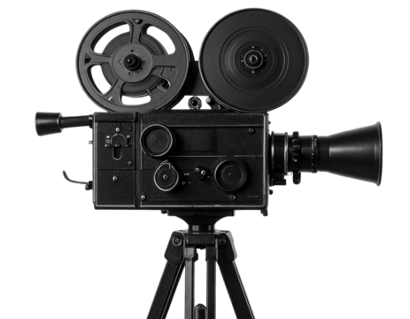 Minimalist black silhouette of a classic vintage movie camera with reels and tripod