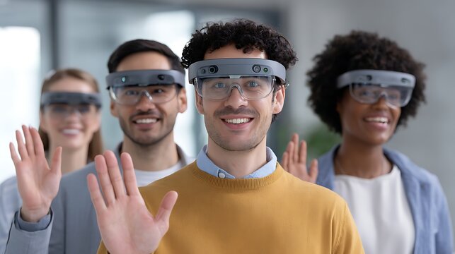 Employees Wearing VR/AR Headsets, Immersed in Future Work Environment
