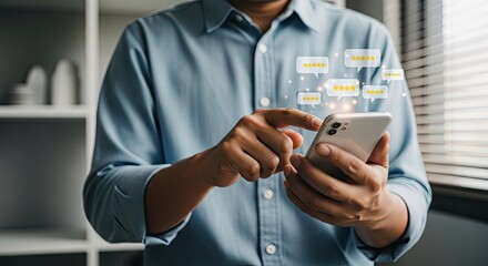 African Man Taps Phone with Five Star Rating Speech Bubbles Hovering Near Device