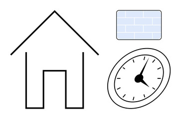 Outline of a house, analog clock, and brick wall grid. Ideal for home planning, punctuality, stability, construction, simplicity order and lifestyle. Simple flat metaphor