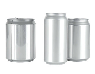 Three aluminum cans of varying sizes, shining with silver reflections, on a plain dark background