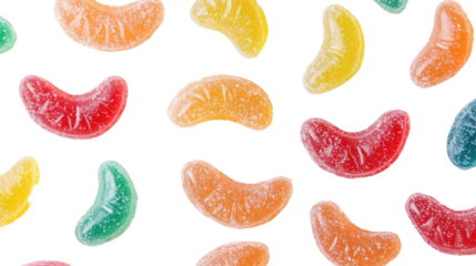Colorful fruit jelly candies arranged in a pattern isolated on transparent background