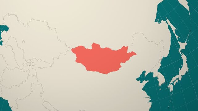 Mongolia map. Animated zoom into the country on the Globe in Teal Pale Mint color palette. Country logo animation. Map with meridians, parallels. Creative video.