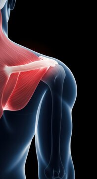 Anatomy emphasizing the acromion and deltoid region experiencing acute, chronic pain. Focused view of the joint suffering stiffness, needing physiotherapy ,clinic ,muscle ,dislocation