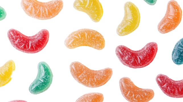 Colorful fruit jelly candies arranged in a pattern isolated on transparent background