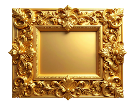 Photorealistic 3D render of a royal-style gold frame corner decoration, combining flo