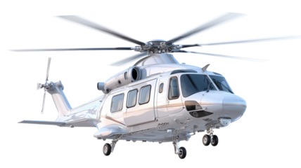 Modern white helicopter in flight isolated on transparent background