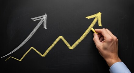 Chalkboard with Arrows Drawing Hand Showing Financial Business Success Trend