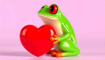 Fototapeta premium Frog's Heartfelt Embrace: A vibrant tree frog tenderly clutches a plush red heart against a soft pink backdrop, conveying warmth and affection. 
