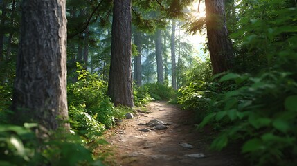 A winding dirt path leading deep into a dense, lush green forest filled with towering trees on a sunny day