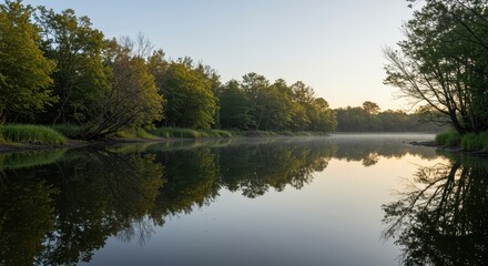 Fototapeta premium An absolutely perfect, undisturbed reflection of the calm natural landscape in pristine, glass-like water during early morning ,symmetry ,water ,natural
