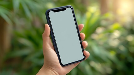 Close-up of a Person's Hand, Holding a Modern Smartphone with a Blank Screen for Mockup