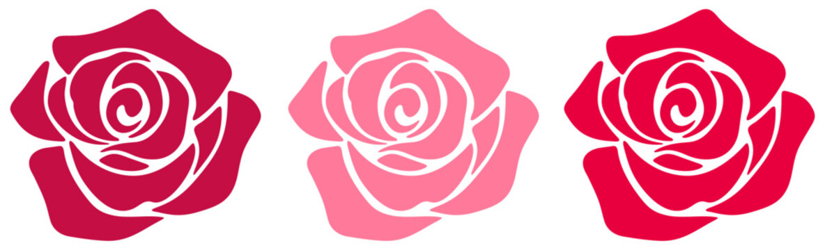 Roses. Red and pink rose flowers silhouettes isolated on a white background. Set of vector illustrations