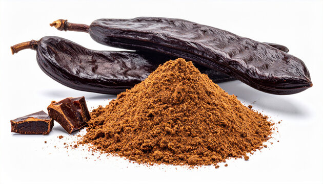 Carob Delight: A close-up showcases carob pods, powder, and pieces, offering a glimpse into the natural, sweet flavors and versatility of this versatile food ingredient. 