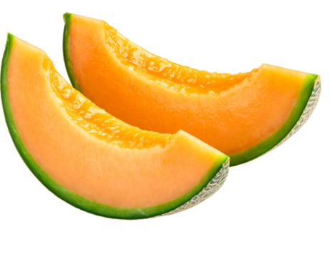Two cantaloupe slices with green rind, orange flesh, on transparent background. Fresh and ripe