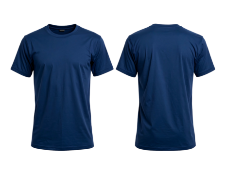 Two angles of a navy blue t-shirt against a black background for product marketing or visual catalog use