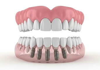 Obraz premium Denture Model with Dental Implants on White Background, Prosthetic Teeth, Artificial Gums