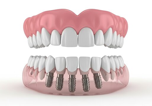 Denture Model with Dental Implants on White Background, Prosthetic Teeth, Artificial Gums