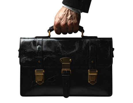 Stylish Black Vintage Briefcase with Gold Hardware in Hand, Dramatic Shadow